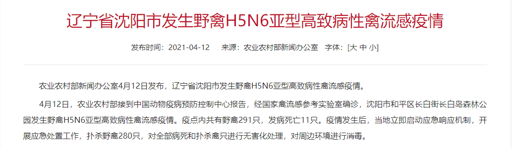沈阳市和平区长白街长白岛森林公园发生野禽h5n6亚型高致病性禽流感