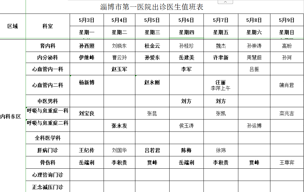 淄博市第一医院门诊排班表5359