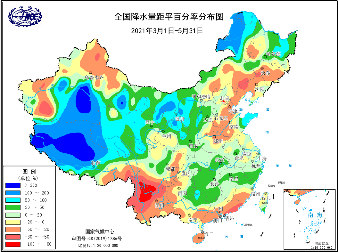 春季,全国有122站日降水量突破当月历史极大值,其中33站日降水量突破