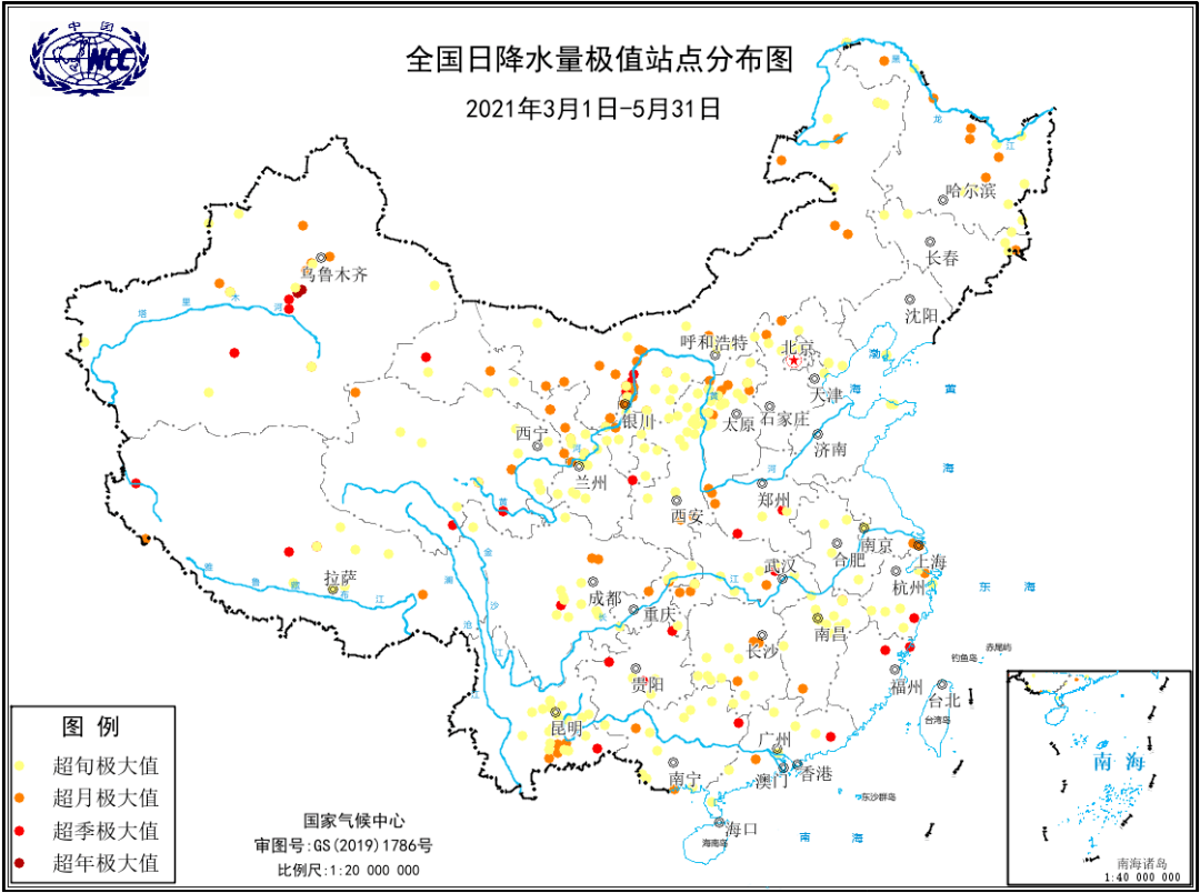 2021年春季全国降水量距平百分率分布图(%)