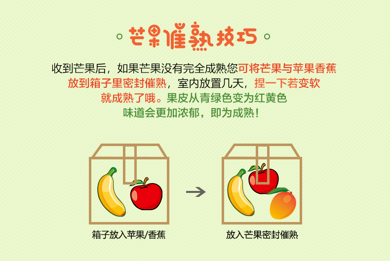 温馨提示: 芒果到货正常是7-8分熟,  收到记得催熟哦  ~ 责任编辑