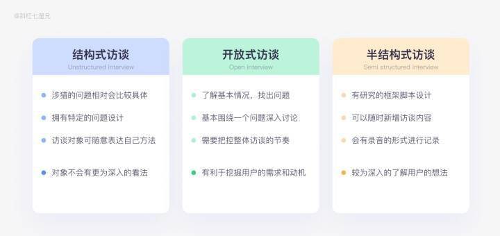 半结构式访谈:结合了结构式访谈和开放式访谈,是用户访谈中比较常用的