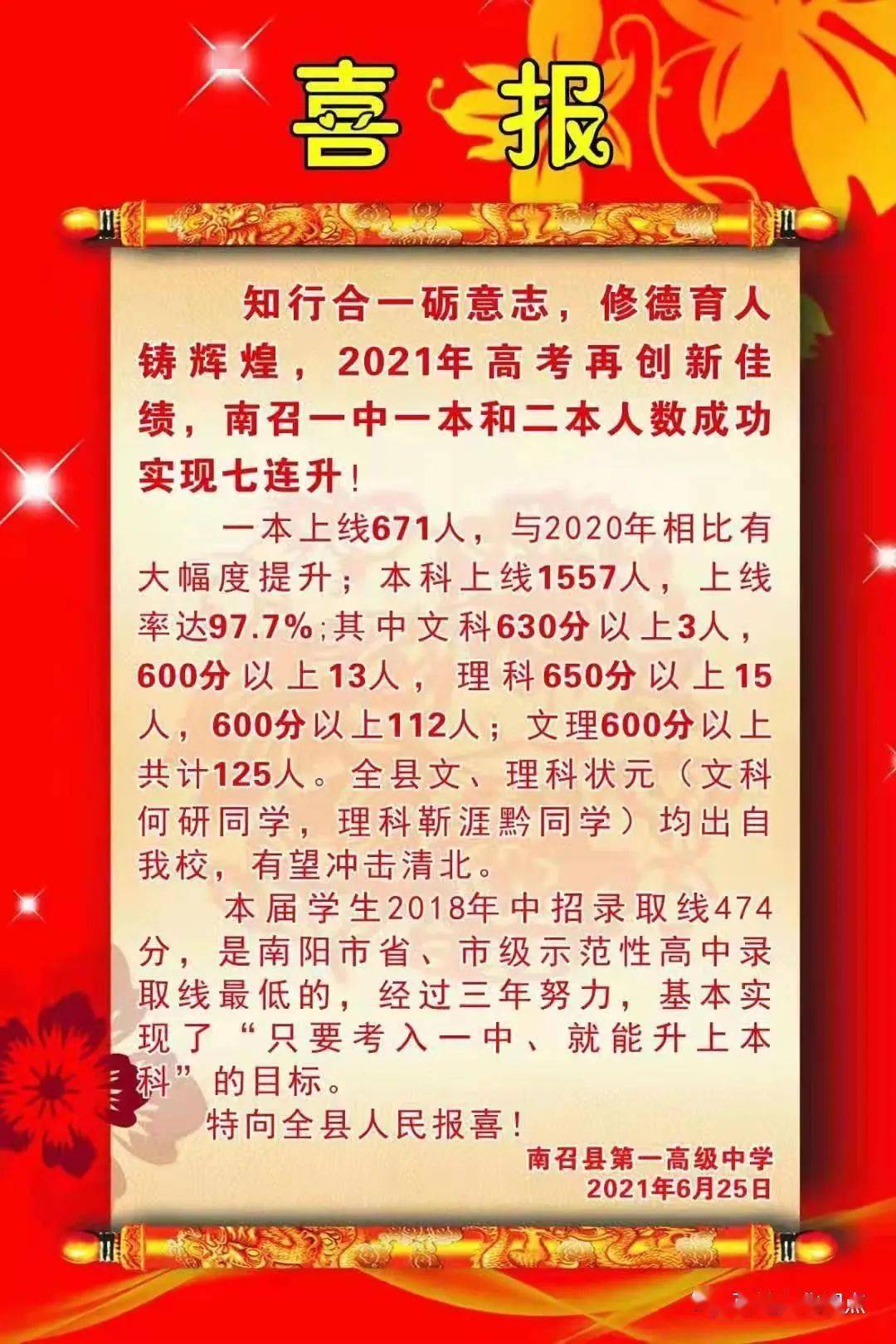 喜报:2021年高考南召一中本科上线率97.7%!