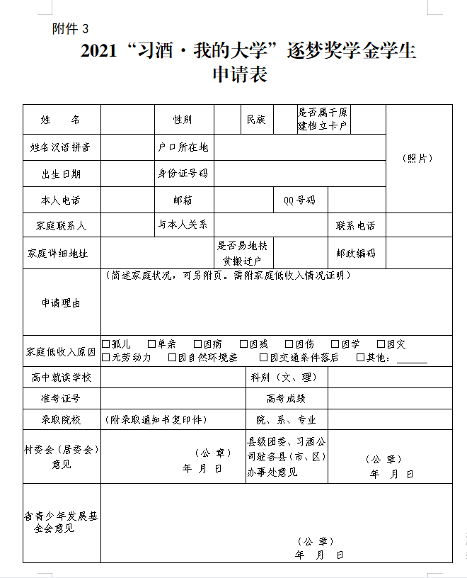 金申请表》,  于 2021年7月20日 前向团县委提交《申请表》,由村委会
