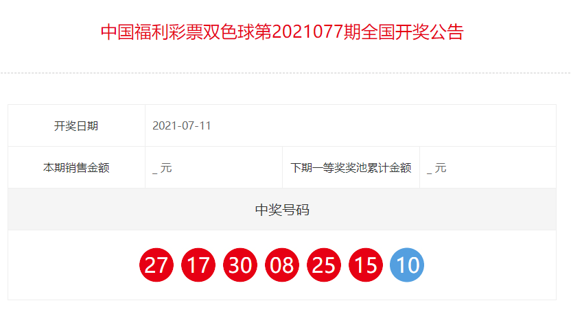 中国福利彩票双色球全国开奖公告(第2021077期)