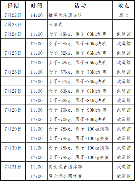 东京奥运会柔道项目比赛日程安排