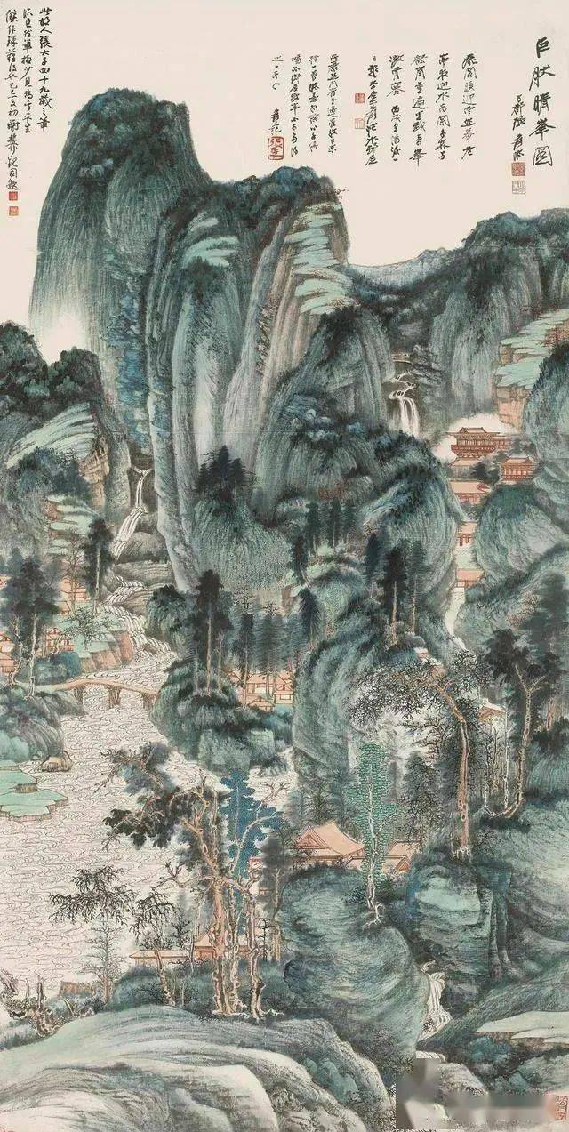 上面这幅《晴峰图》是张大千仿北宋画家巨然的作品,于1940年所作.