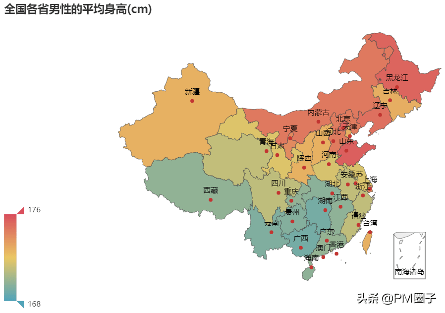下图是一张民间流传的全国各省男性平均身高,虽然数据可能不精确,但