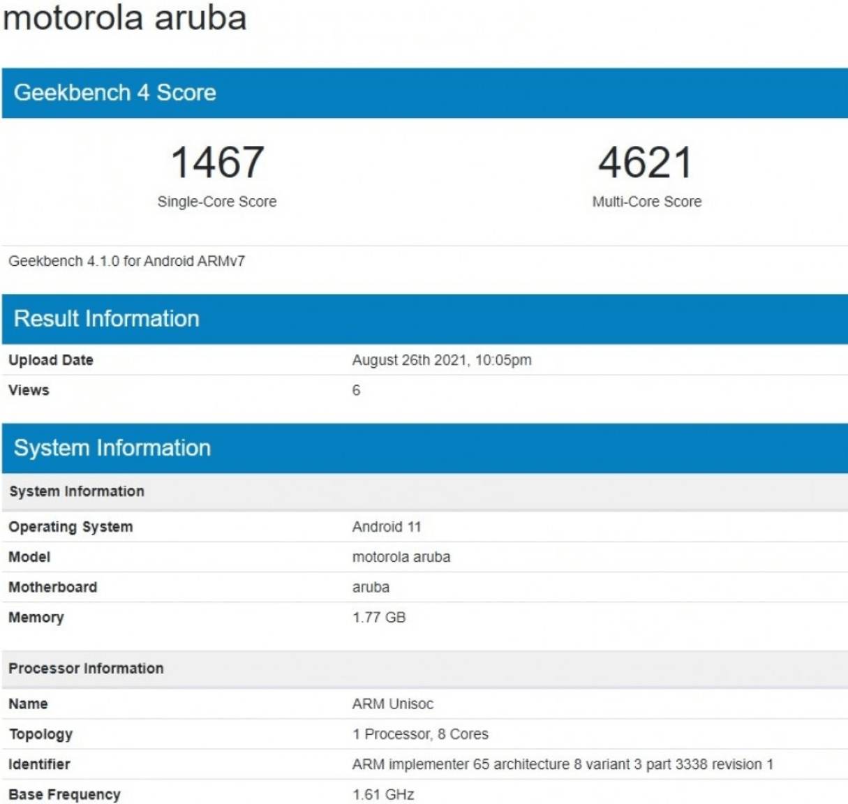 摩托罗拉 moto e20 现身 geekbench:搭载紫光展锐 t606 芯片