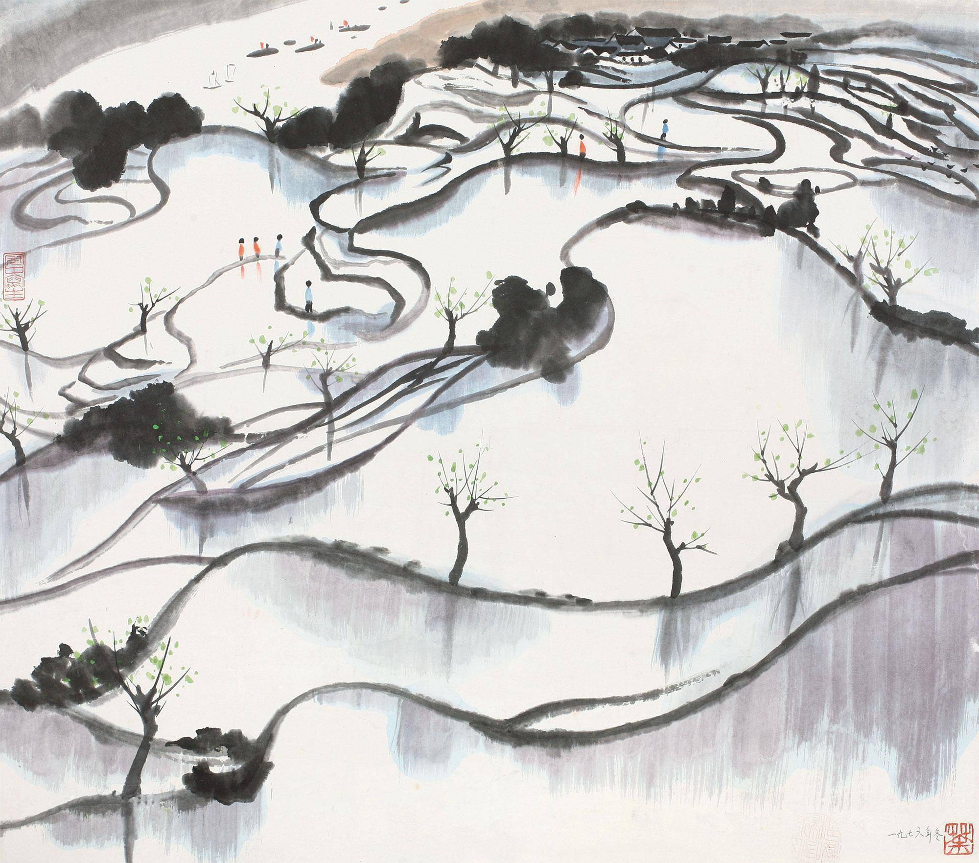 7,1976年由画家吴冠中创作的《风景》设色纸本画,在一处梯田景色中,三