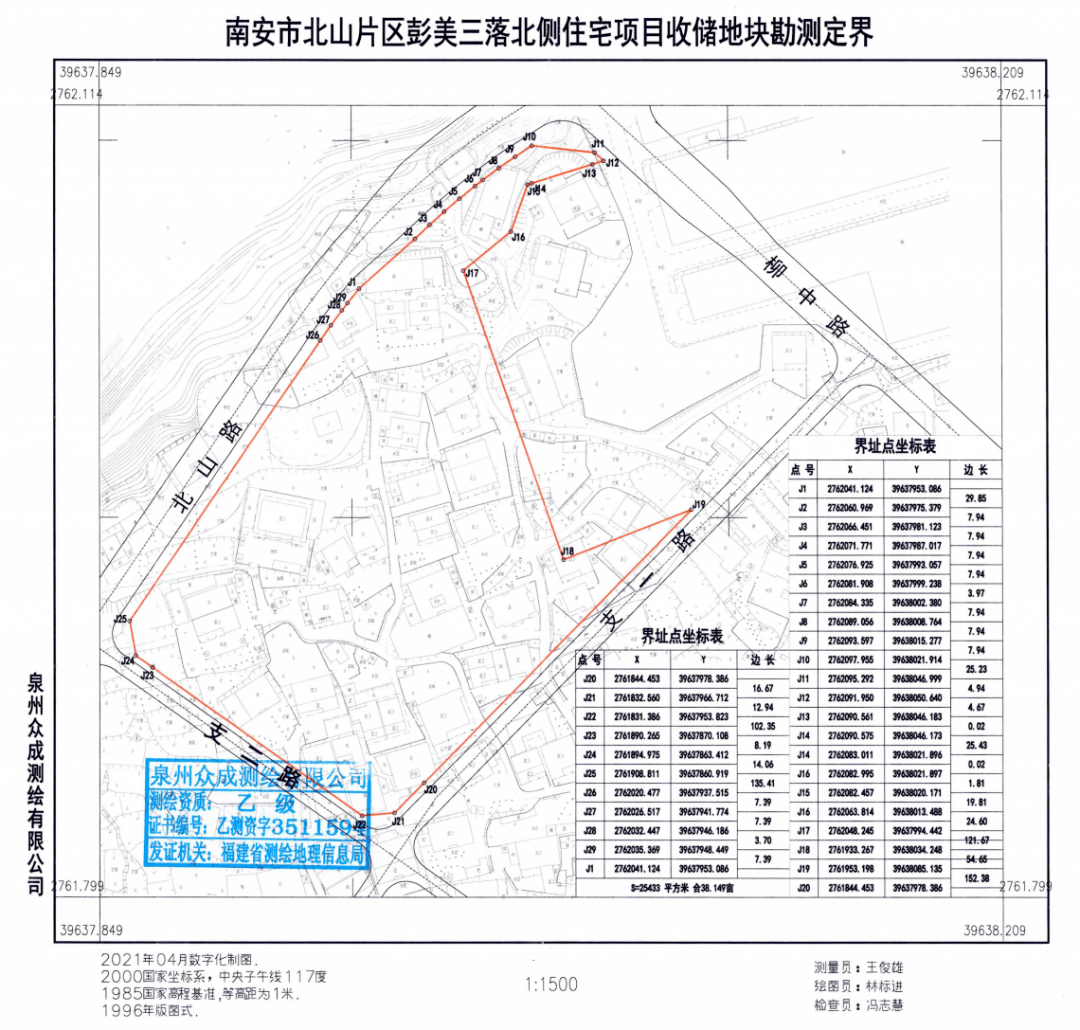 附:南安市北山片区彭美三落北侧住宅项目收储地块勘测定界特此公告.