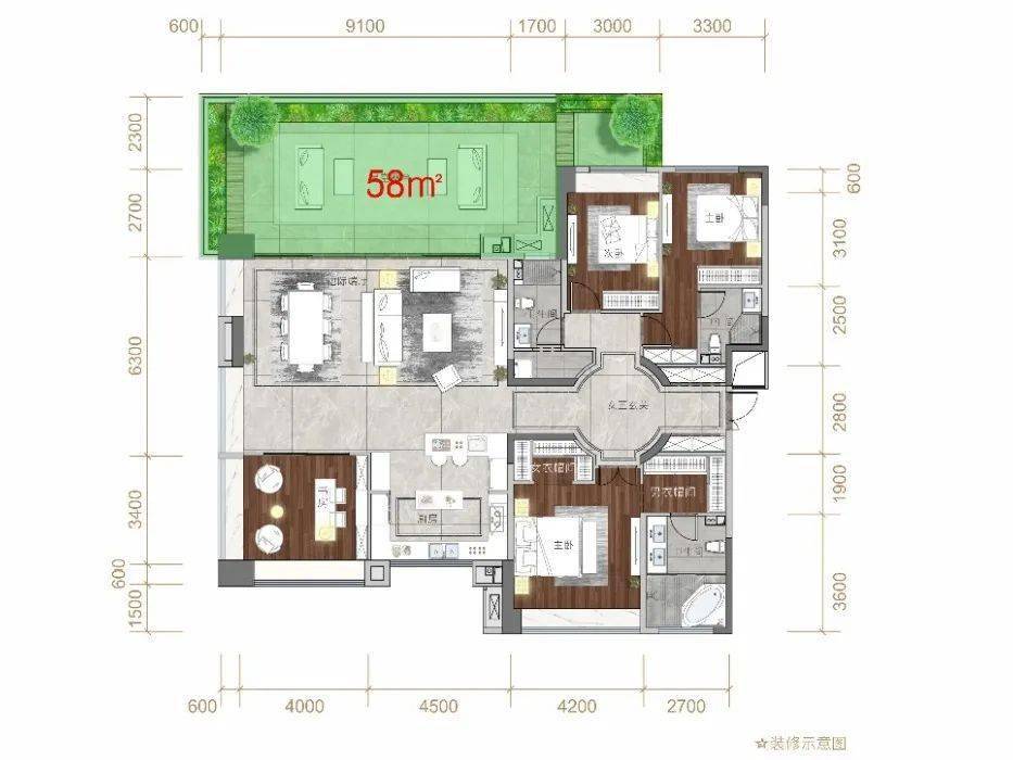 贵阳·花语墅约136㎡户型露台赠送面积平面图