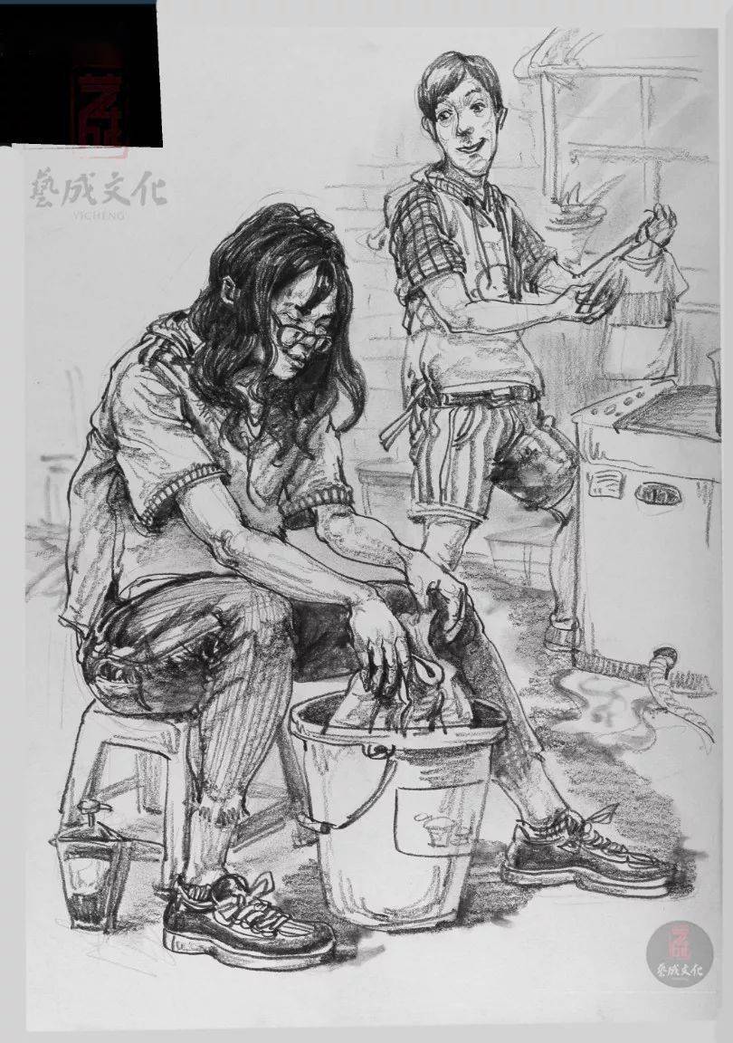 不得减                             一个坐在凳子上洗衣服的女子