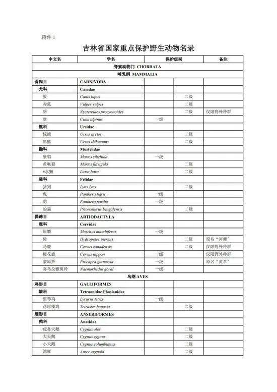 吉林省发布《吉林省国家重点保护野生动物名录《吉林省国家重点保护