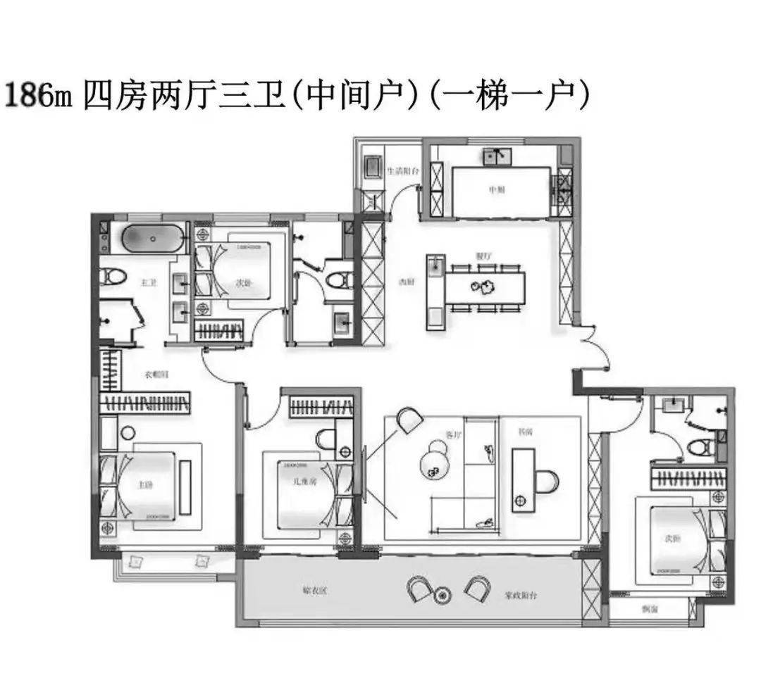 中间户:在户型设计上是放大版的143㎡,但在餐客厅,厨房的空间上更为