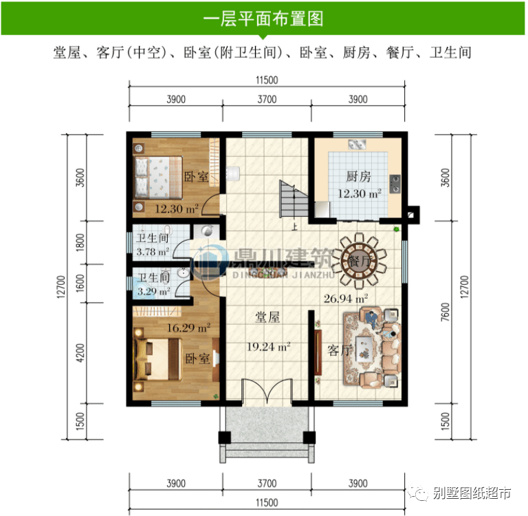 别墅平面户型图别墅图纸编号:dc0841,砖混结构,开间11.5米,进深12.