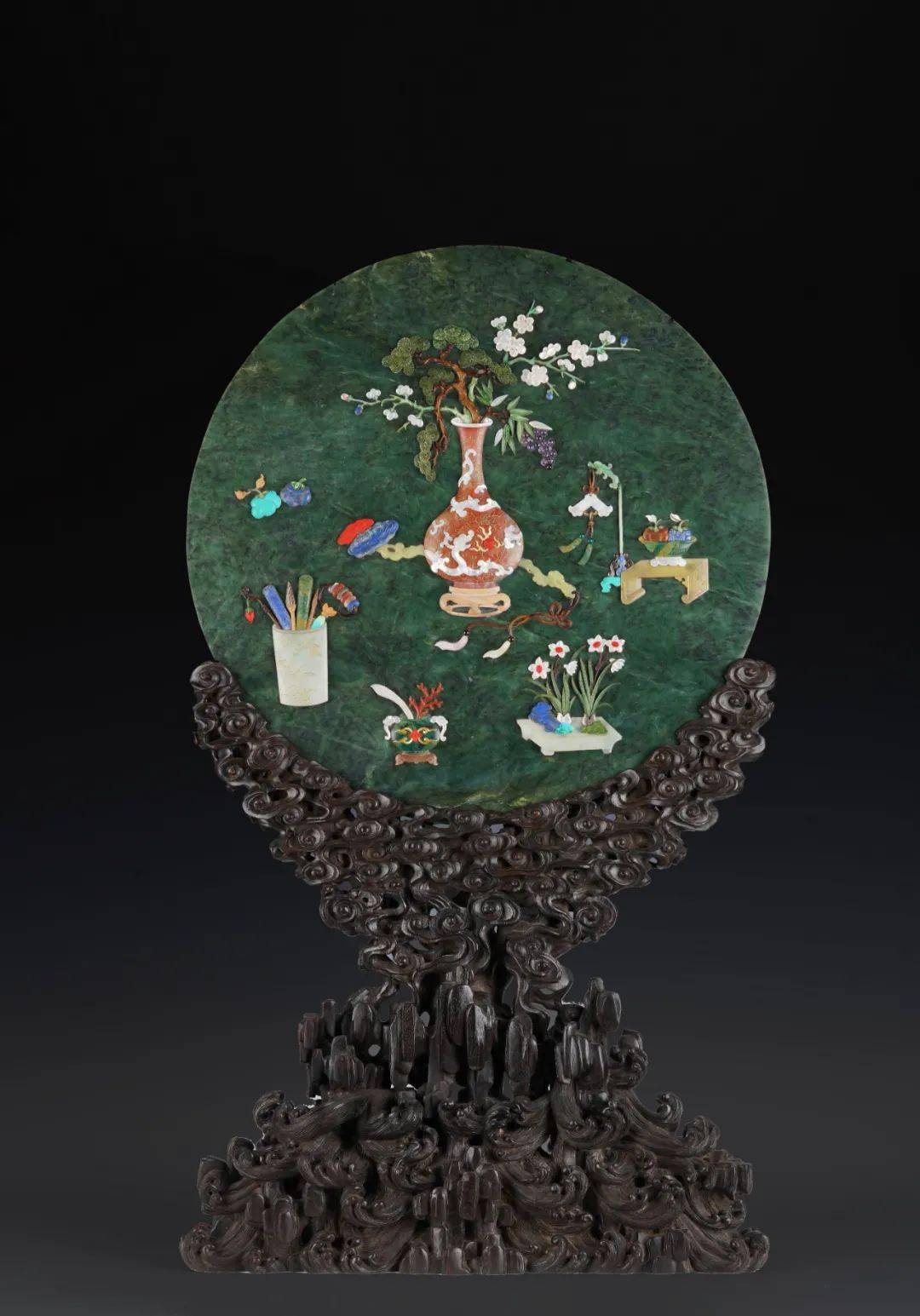 inlaid gilt green jade circular screen清 特大碧玉嵌百宝博古纹