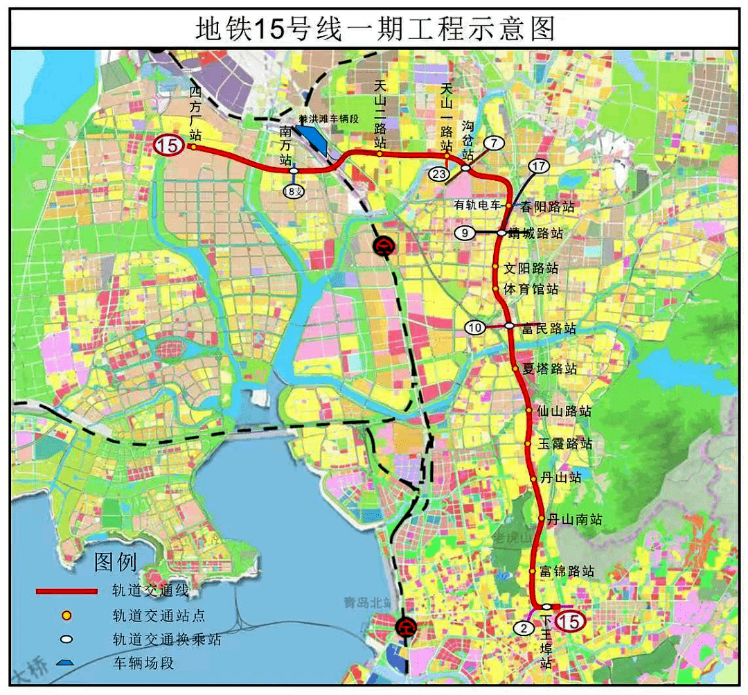 地铁15号线一期工程起于李沧区下王埠站,终到城阳区四方厂站,线路正线