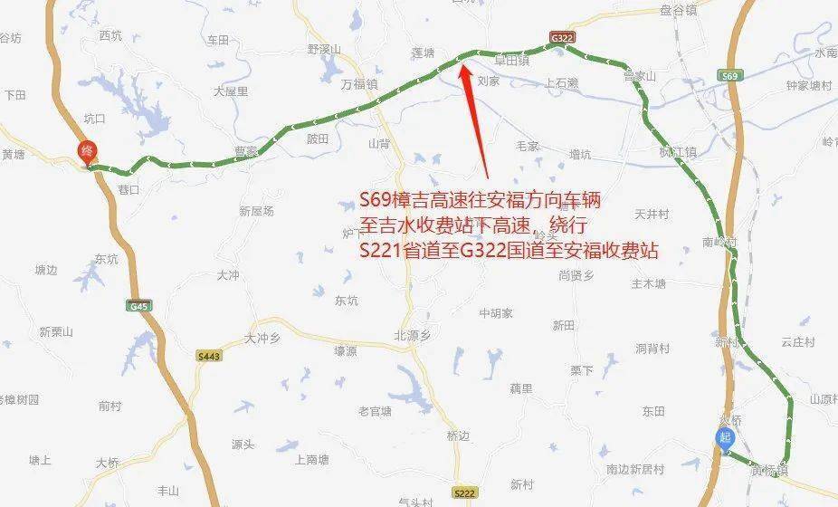 方向车辆至吉水收费站下高速,绕行s221省道至g322国道至安福收费站