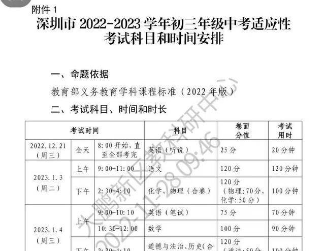 最新消息丨深圳市初三年级中考适应性考试科目和时间安排！