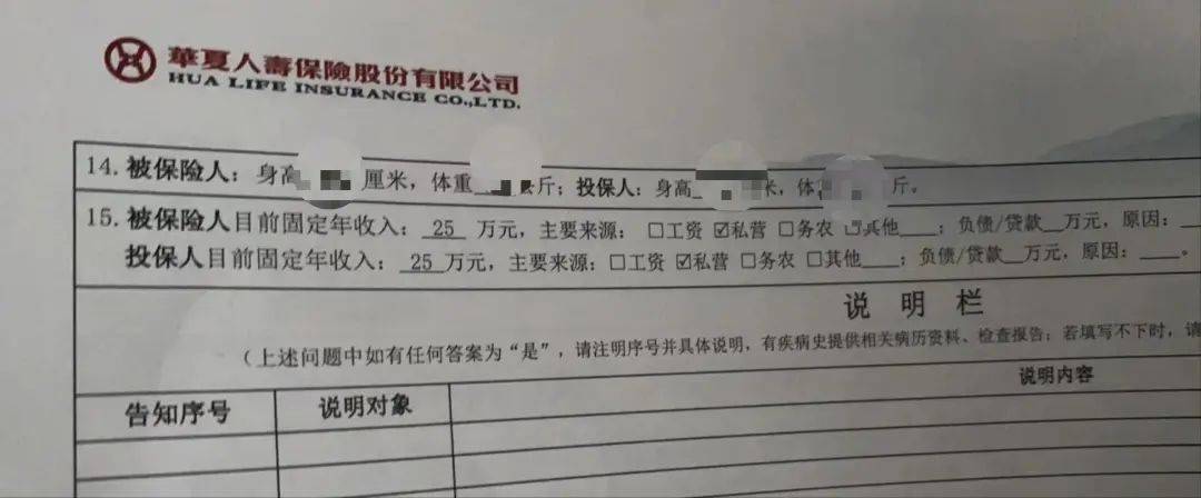 单中明确标明：被保险人， 投保人目前固定年收入25万，主要来源为私营。华夏人寿保险股份有限公司湖南分