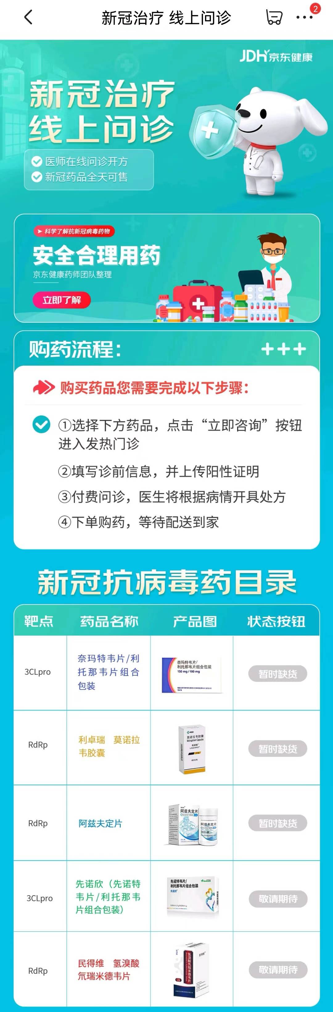 疑似下架？京东健康新冠口服药全部显示缺货，阿里健康、美团仍可线上开方