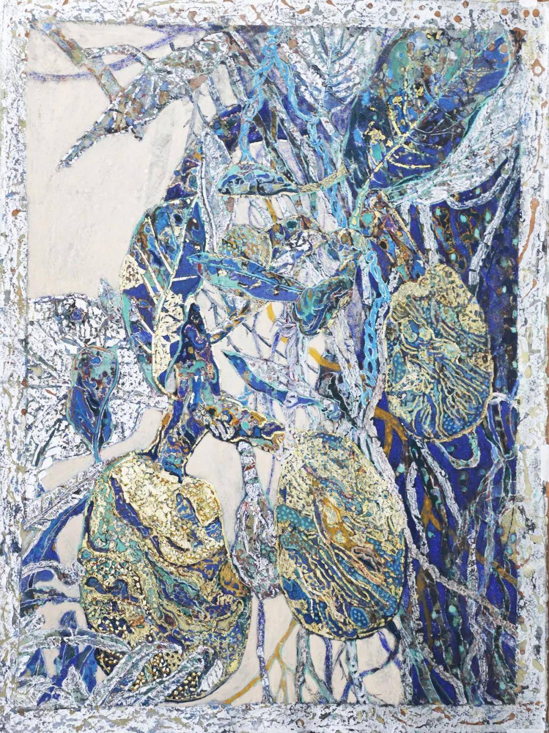 2018年金音《山石里的春天》岩彩 金属箔 56cm×76cm 2018年陈文光