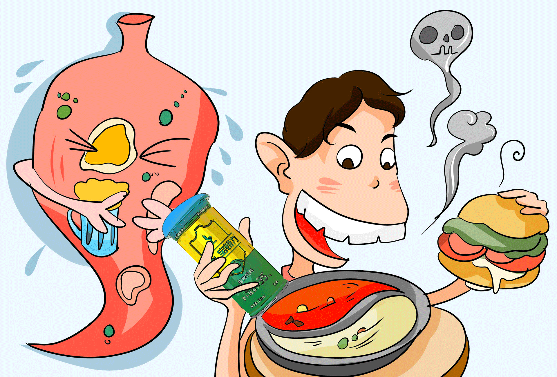 暴饮暴食大量食物涌入胃部,胃产生负担会加大胃酸的分泌,会破坏胃黏膜