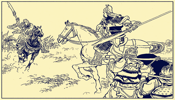 了五十回合不分胜负,庞德看到自己无法速胜关羽,使用拖刀计诱骗关羽