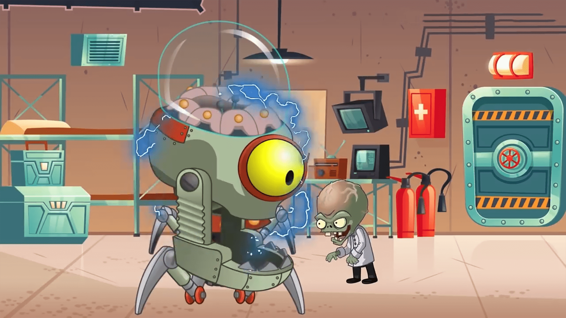 戴夫在院子里睡觉僵尸博士得知消息开着大机器悄悄过来了