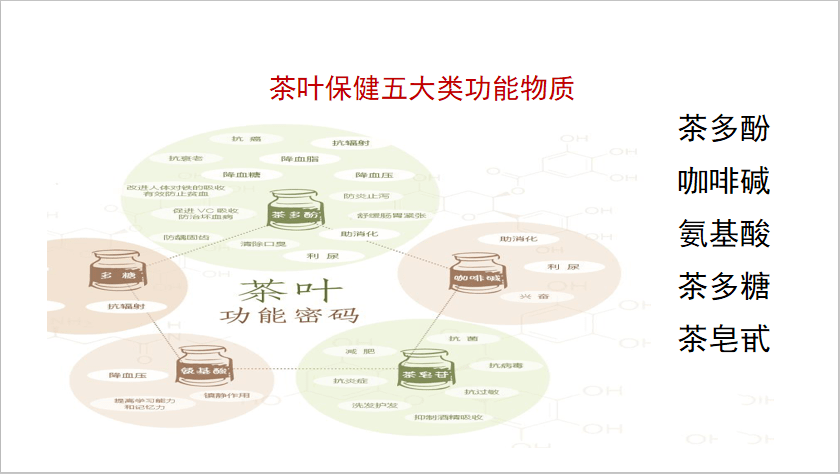 茶多酚,咖啡碱,氨基酸,茶多糖,茶皂甙五大类物质构成了茶叶对人体的