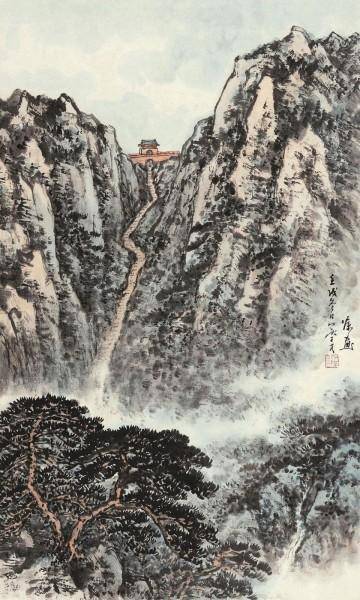 俞子才 《泰山十八盘》立轴 设色纸本