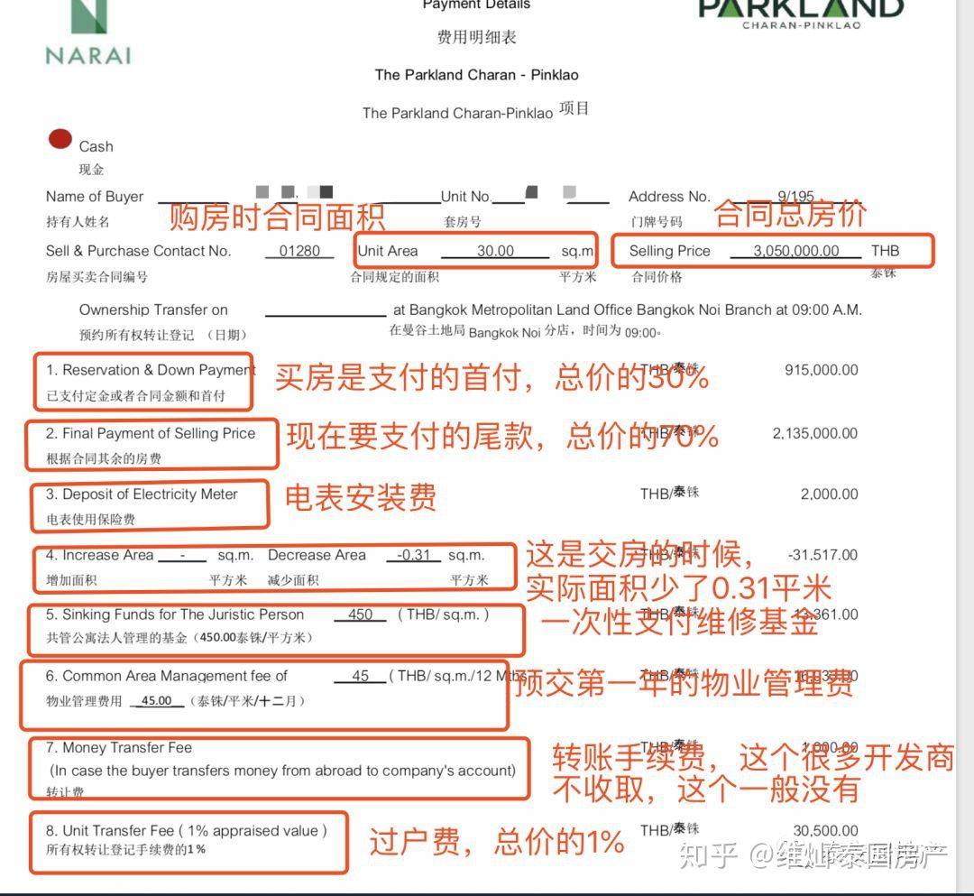 5,物业管理费:一次性支付第一年的物业管理费50泰铢/平米4,维修基金