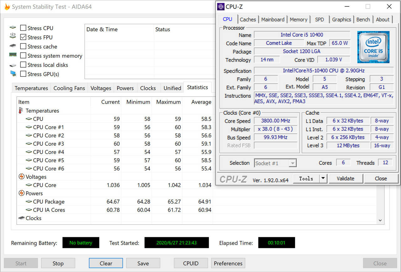 cpu温度测试(室温24℃),烤机稳定后各核心温度不到60度,看来i5 10400