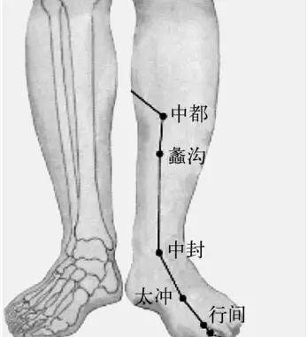 22,婦科病按摩陰蹺上的交信穴(位於內踝上2寸的位置.