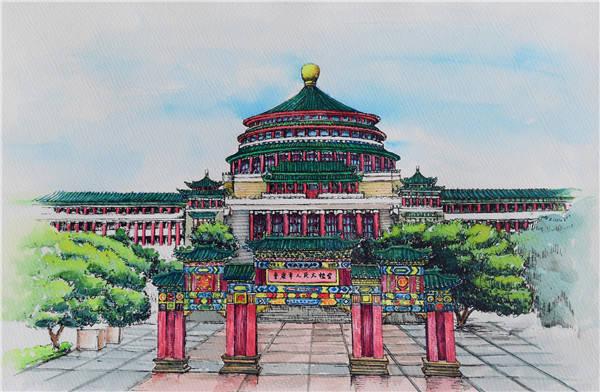 人民大礼堂,交通茶馆,重庆90后小伙手绘地标建筑当乐趣