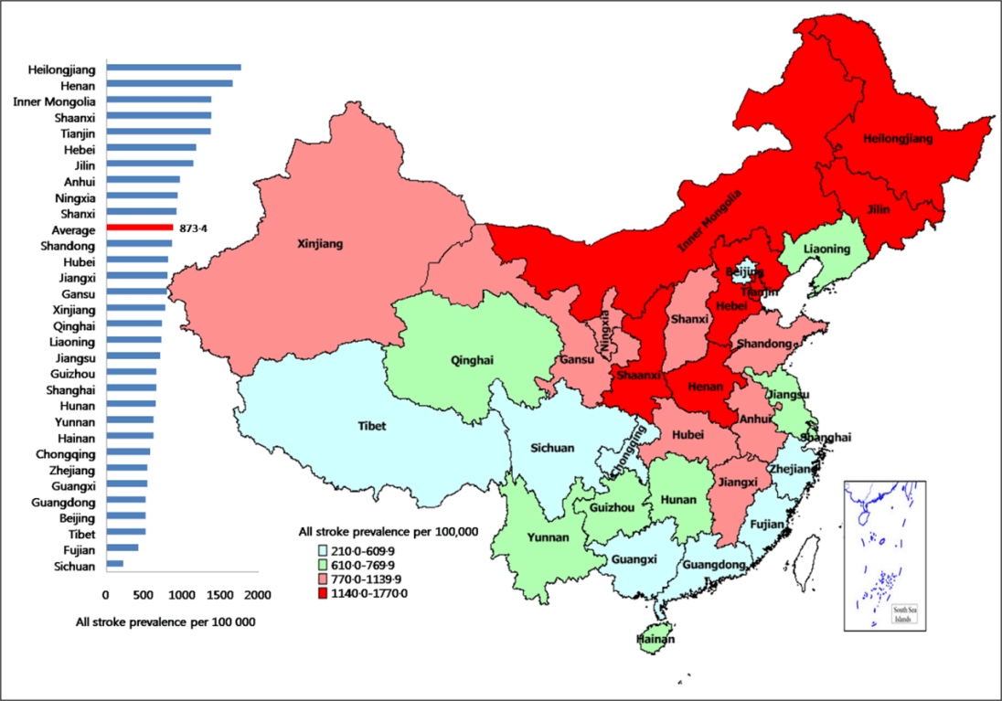 中国卒中患病率(15960/10万人)地图