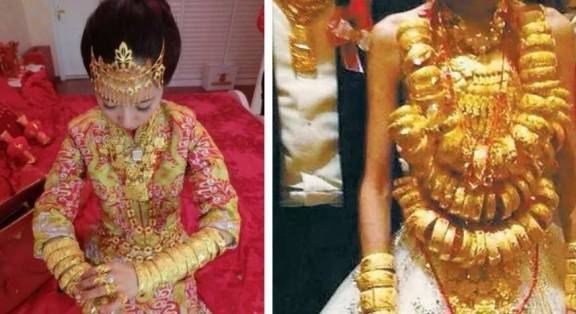 中国最"土豪"的婚俗,新娘浑身金首饰,脖上挂满大金镯
