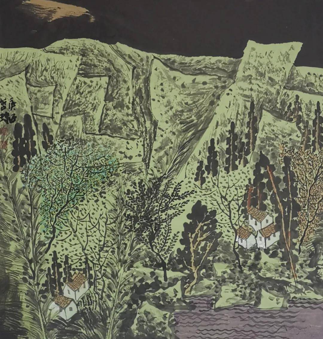 成功美术馆收藏的张哲珠近作山水斗方三张,两张绿色和一张水墨的表现