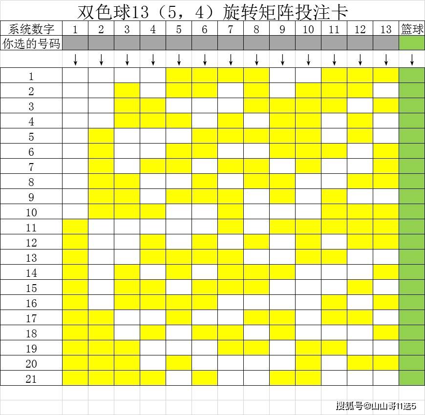 双色球13(5,4)旋转矩阵投注卡,21注买13个号好爽