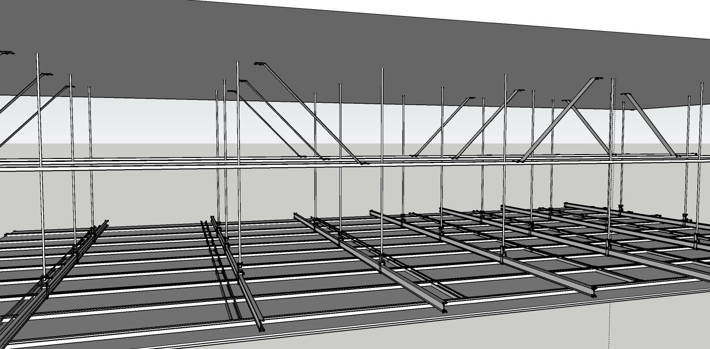 当吊顶吊筋长度大于1.5m且小于3.0m时，需要按照规范要求设置反向支撑，也就是“吊顶转换层”。其作用是缩短吊杆长度保证吊顶安全、方便吊顶空间内设备管道的排布，以及对吊顶加固避免吊顶内外气压不均，引起“风吹吊顶动”的现象。
