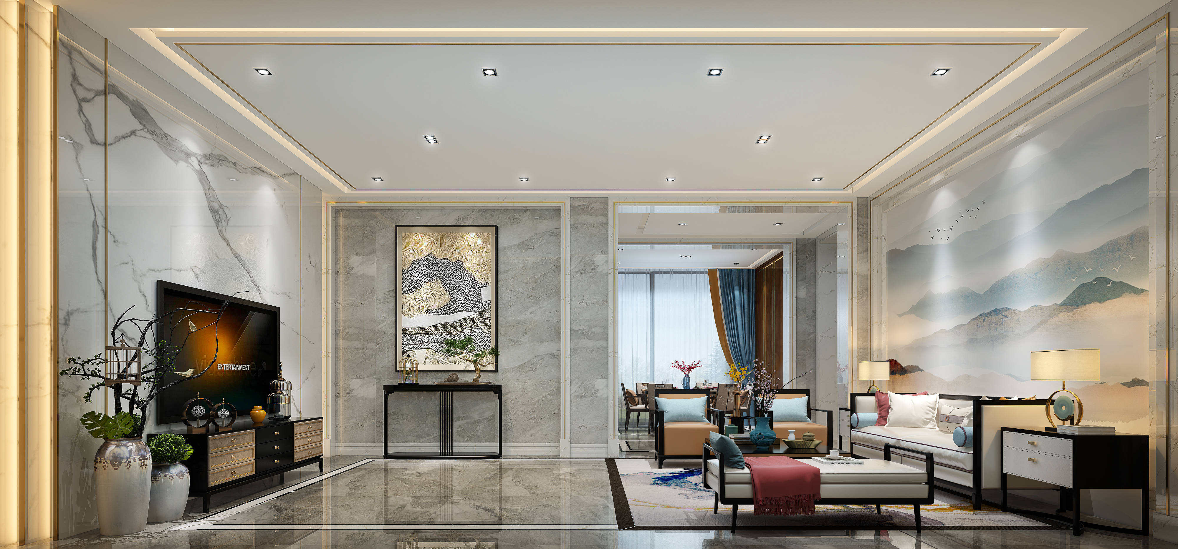 别墅装修效果图大全|绿地香颂小区580㎡-新中式风格