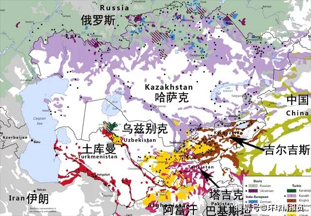 中亚的民族分布,可以看出费尔干纳盆地人口密集,民族成分复杂192昴 