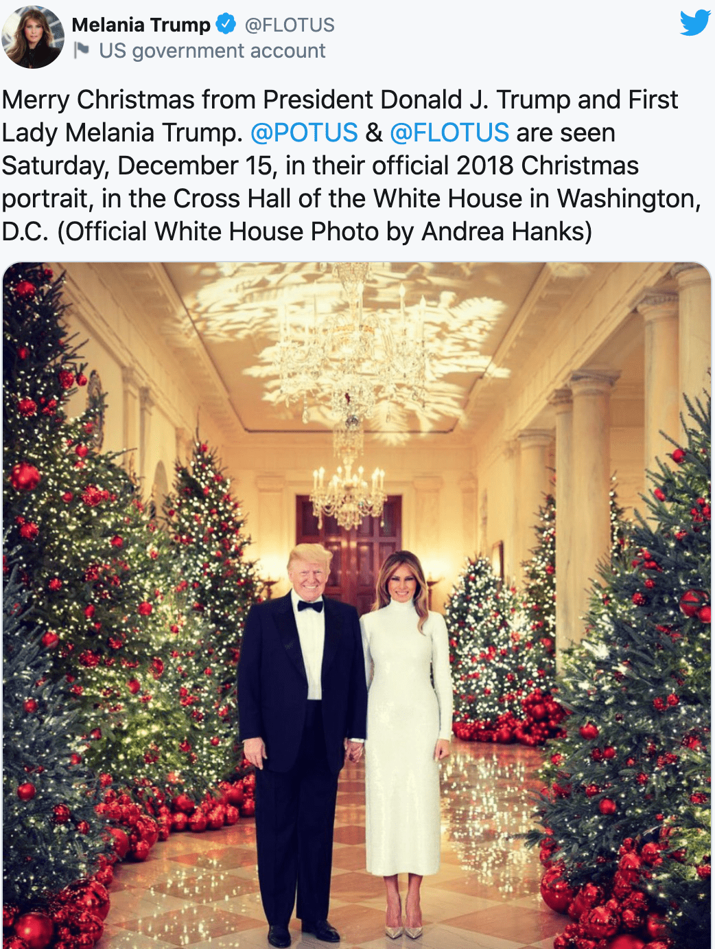 梅拉尼娅在推特上分享2018年的白宫圣诞官方照片