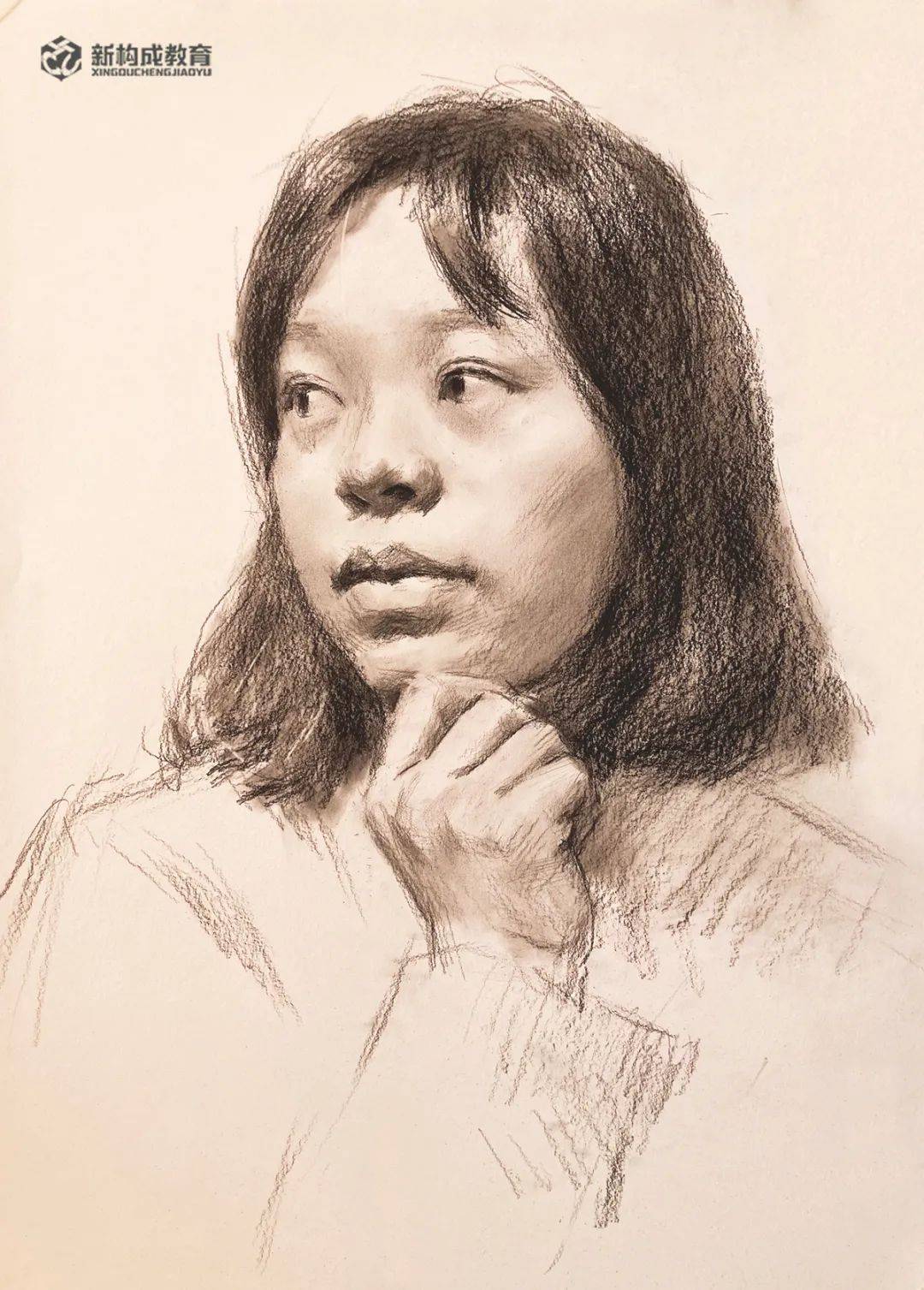 素描头像带手女青年