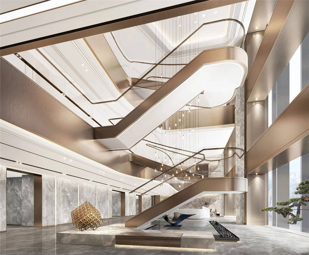 五十六层高管层办公大堂,设计通过对建筑结构的再次优化,改造,在原来
