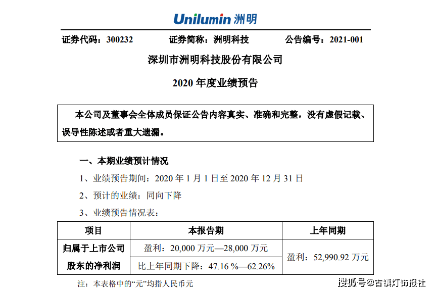 1月4日晚间,洲明科技(300232)发布业绩预告,预计2020年净利2亿元~2.