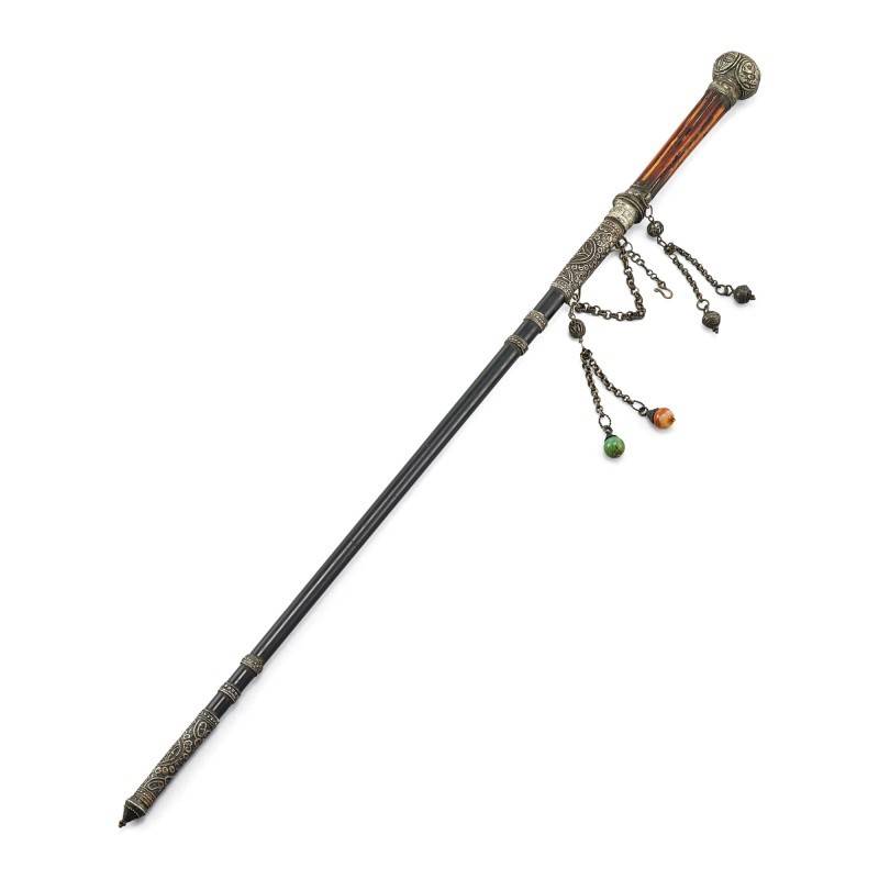 十九世纪 西藏乾漆氂牛骨镶银铁杖