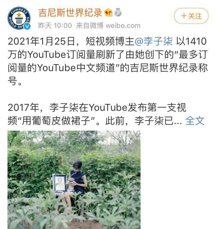 李子柒刷新吉尼斯世界纪录海外订阅量破千万走红海外视频 太阳信息网