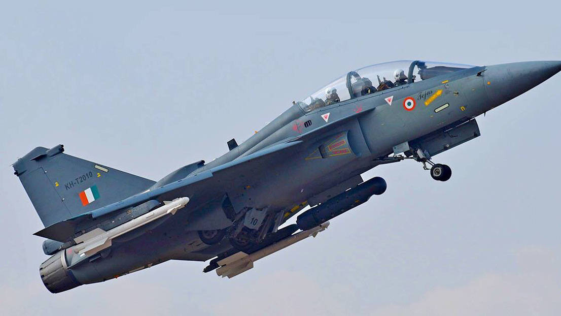 Tejas two seater trainer equipped with R-73 missile and optical targeting pod